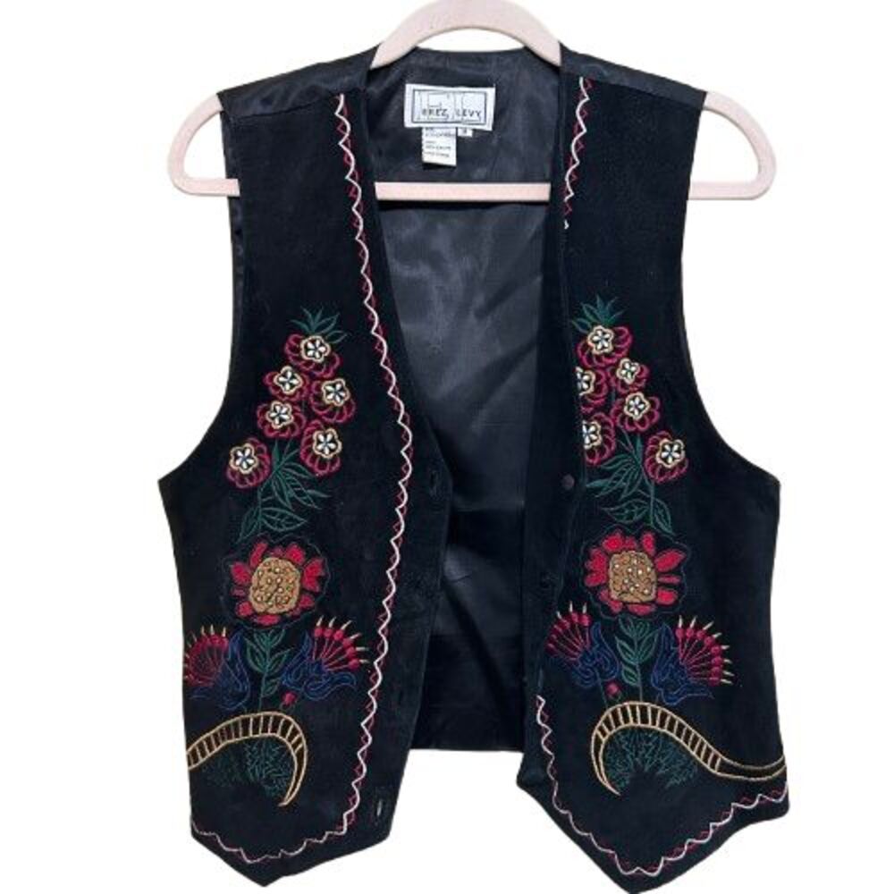 Erez Levy Embroidered Button Front Suede Leather Vest Black Women Medium Western